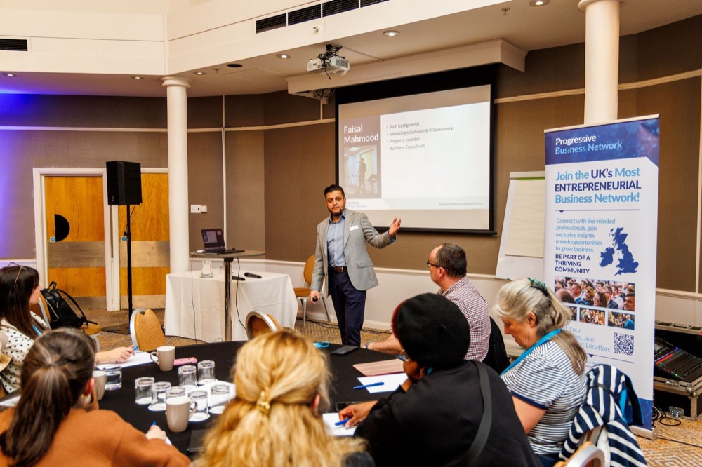 Faisal Mahmood presenting to a room of business owners at Progressive Business Network Peterborough